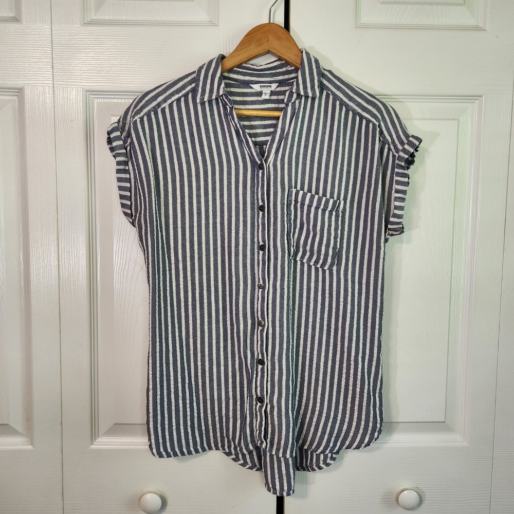 Sonoma Goods For Life Navy White Striped Metallic Button Down Shirt Womens Small